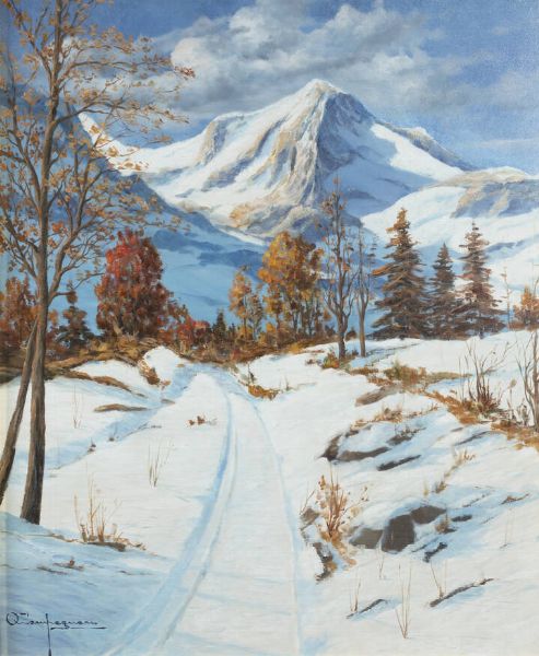 OTTORINO CAMPAGNARI Mestre (VE) 1910 - 1982 Torino : Paesaggio montano innevato  - Asta  Dipinti, argenti e antiquariato - Associazione Nazionale - Case d'Asta italiane