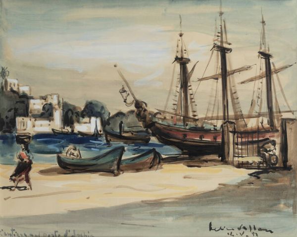 FELICE VELLAN Torino 1889 - 1976 : Cantiere al porto di Ischia  14/V/1952  - Asta  Dipinti, argenti e antiquariato - Associazione Nazionale - Case d'Asta italiane