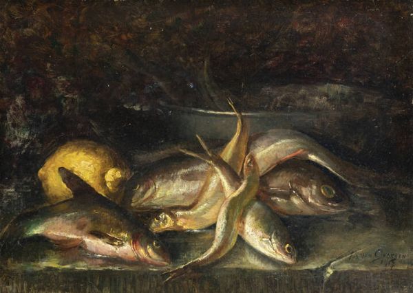 PITTORE NON IDENTIFICATO : Natura morta con pesci 1917  - Asta  Dipinti, argenti e antiquariato - Associazione Nazionale - Case d'Asta italiane