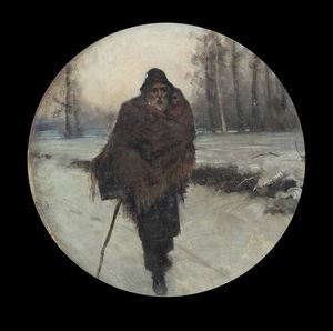 PITTORE ANONIMO Fine XVIII secolo - Vecchio che cammina sulla neve
