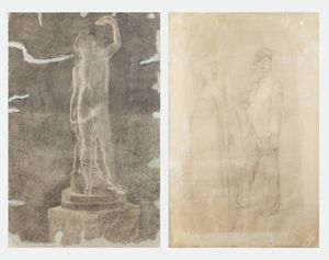 PLINIO NOMELLINI Livorno 1866 - 1943 Firenze - Il pittore al cavalletto e al retro Figura accademica