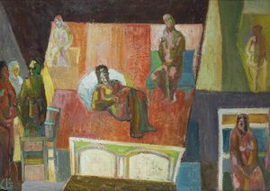 CARLO LORO Lonigo (VI) 1915 - 2002 Torino - Figure e nudi in un interno 1987