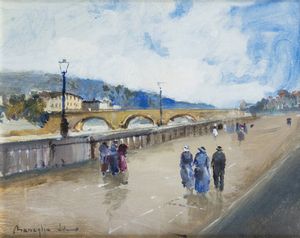 EDMONDO MANEGLIA Koziu (Turchia) 1925 - 2003 Torino - Passeggiata a Torino lungo il Po