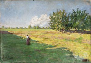 ALESSANDRO CAVALLI attivo XIX-XX - Paesaggio estivo con contadina
