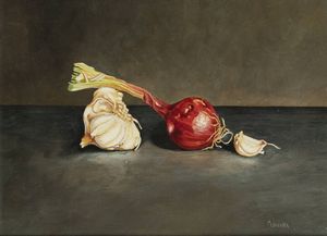 LUIGI BARATTA Torino 1951 - Senza titolo (natura morta con aglio e cipolla)