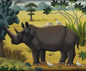 ANDRE' DURANTON Francia 1905 - 1995 - Rinoceronte e uccelli bianchi