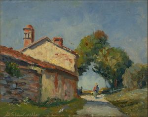 BENEDETTO GHIVARELLO Torino 1882 - 1955 - Paesaggio campestre con figure
