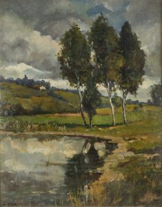 CARLO MUSSO Balangero (TO) 1907 - 1968 - Paesaggio campestre con stagno