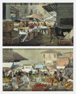 ARTURO BONANOMI Calolziocorte (LC) 1920 - 2010 - Coppia di dipinti con vedute di mercati