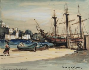 FELICE VELLAN Torino 1889 - 1976 - Cantiere al porto di Ischia  14/V/1952