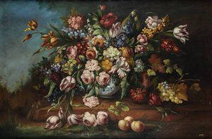 PITTORE NON IDENTIFICATO - Natura morta di fiori e frutta XX secolo