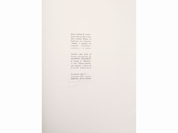 LUCIO FONTANA : Giuseppe Ungaretti, Apocalissi e sedici traduzioni, con due opere originali di Lucio Fontana  - Asta La collezione Bucciarelli: dipinti, grafiche, edizioni d'artista - Associazione Nazionale - Case d'Asta italiane
