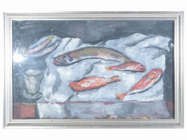 Orfeo Tamburi : Natura morta con pesci  - Asta La collezione Bucciarelli: dipinti, grafiche, edizioni d'artista - Associazione Nazionale - Case d'Asta italiane