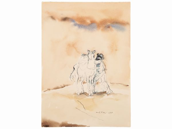 WALTER PIACESI : Uomo con cavallo 1978  - Asta La collezione Bucciarelli: dipinti, grafiche, edizioni d'artista - Associazione Nazionale - Case d'Asta italiane