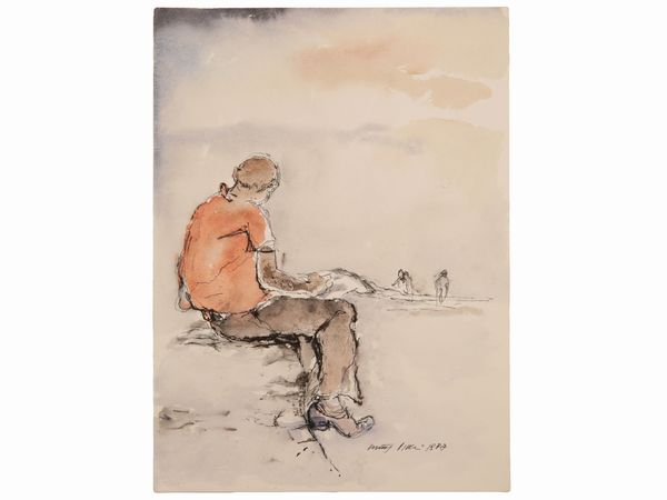 WALTER PIACESI : Uomo seduto 1978  - Asta La collezione Bucciarelli: dipinti, grafiche, edizioni d'artista - Associazione Nazionale - Case d'Asta italiane