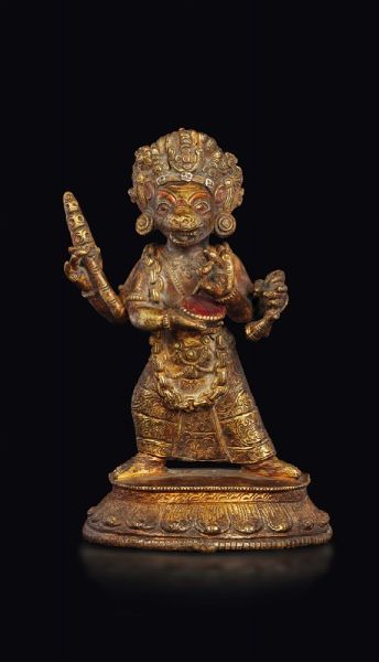 Figura di Mahakala in bronzo dorato eretto, Tibet, XVIII secolo  - Asta Fine Chinese Works of Art - Associazione Nazionale - Case d'Asta italiane