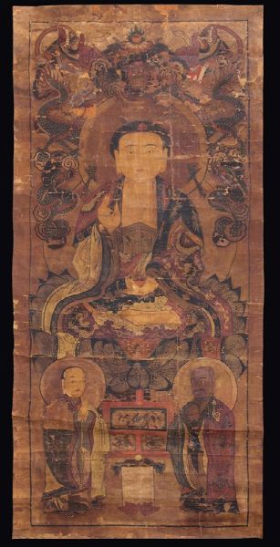 Dipinto su carta raffigurante Buddha centrale, Tibet, XVIII secolo  - Asta Fine Chinese Works of Art - Associazione Nazionale - Case d'Asta italiane