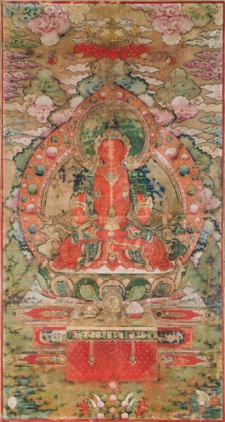 Tanka a fondo verde con figura di Amitayus rosso centrale, Tibet, XVIII secolo  - Asta Fine Chinese Works of Art - Associazione Nazionale - Case d'Asta italiane