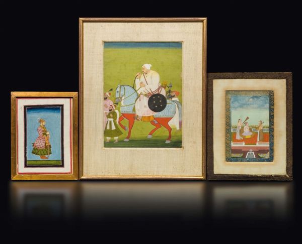 Tre miniature su carta con personaggi, India, XIX secolo  - Asta Fine Chinese Works of Art - Associazione Nazionale - Case d'Asta italiane
