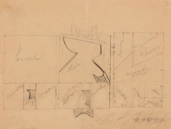 Progetto per villino futurista - pianta, 1925  - Asta Arte moderna, contemporanea e dipinti del XIX secolo   - Associazione Nazionale - Case d'Asta italiane