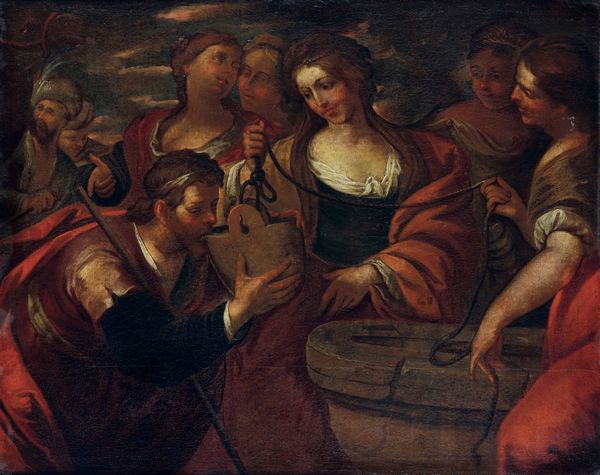 Scuola lombarda del XVII secolo Rachele e Giacobbe al pozzo  - Asta Old Masters - Associazione Nazionale - Case d'Asta italiane