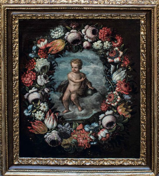 Scuola romana del XVII secolo Cristo fanciullo con globo entro ghirlanda di fiori  - Asta Old Masters - Associazione Nazionale - Case d'Asta italiane
