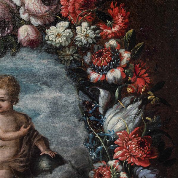 Scuola romana del XVII secolo Cristo fanciullo con globo entro ghirlanda di fiori  - Asta Old Masters - Associazione Nazionale - Case d'Asta italiane