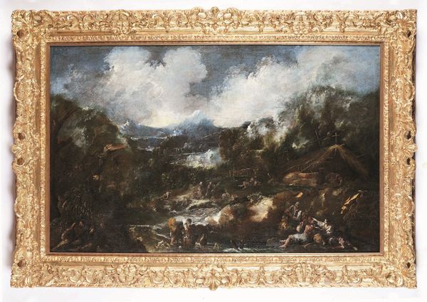 Alessandro Magnasco (1667 Genova - 1749 Genova) e Antonio Francesco Peruzzini (1643 Ancona - 1724 Milano) Paesaggio con pastori e contadini in riva al fiume  - Asta Old Masters - Associazione Nazionale - Case d'Asta italiane