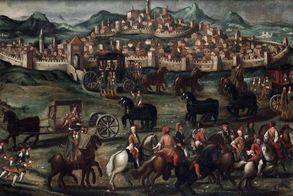Alessandro Piazza : Corteo di carrozze sullo sfondo della citt� di Udine  - Asta Old Masters - Associazione Nazionale - Case d'Asta italiane