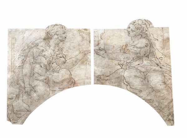 Scuola genovese del XVI secolo Studi per lunette con figure allegoriche  - Asta Old Masters - Associazione Nazionale - Case d'Asta italiane