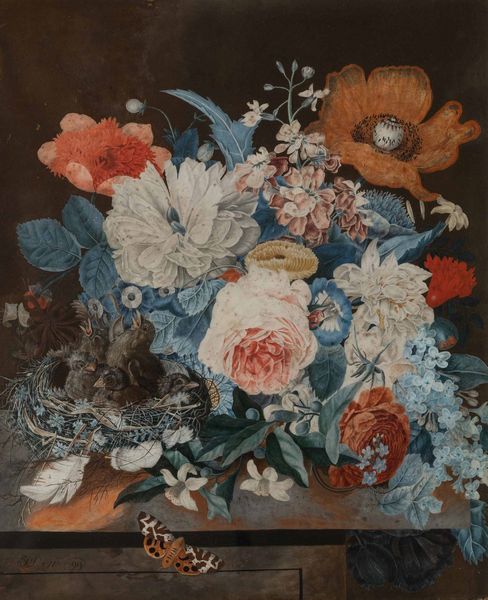 Scuola del XVIII secolo Nature morte con composizioni di fiori, frutti, uccellini e farfalle  - Asta Old Masters - Associazione Nazionale - Case d'Asta italiane
