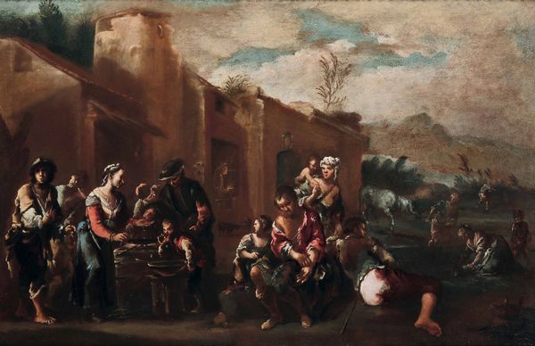 Matteo Ghidoni detto Matteo de' Pitocchi, Attribuito a : Scena di genere con paesani in piazza  - Asta Old Masters - Associazione Nazionale - Case d'Asta italiane