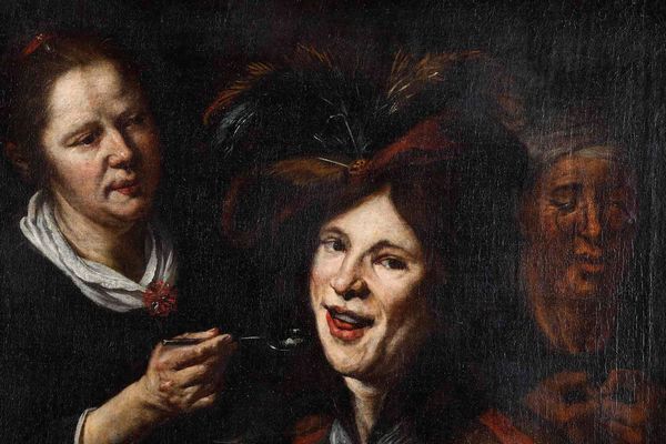 Scuola olandese del XVII secolo Scena di genere con giovane suonatore e donne  - Asta Old Masters - Associazione Nazionale - Case d'Asta italiane