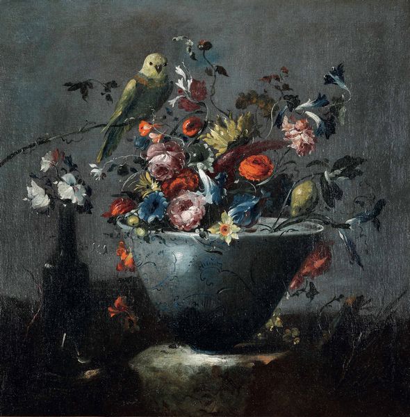 Maestro dei fiori guardeschi : Natura morta con composizione di fiori, vasellame e pappagallino  - Asta Old Masters - Associazione Nazionale - Case d'Asta italiane