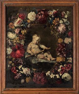 Artista fiammingo attivo a Roma nel XVII secolo Ges Bambino entro ghirlanda di fiori  - Asta Old Masters - Associazione Nazionale - Case d'Asta italiane