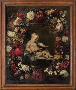 Artista fiammingo attivo a Roma nel XVII secolo Ges� Bambino entro ghirlanda di fiori  - Asta Old Masters - Associazione Nazionale - Case d'Asta italiane
