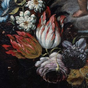 Scuola romana del XVII secolo Cristo fanciullo con globo entro ghirlanda di fiori  - Asta Old Masters - Associazione Nazionale - Case d'Asta italiane