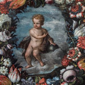 Scuola romana del XVII secolo Cristo fanciullo con globo entro ghirlanda di fiori  - Asta Old Masters - Associazione Nazionale - Case d'Asta italiane