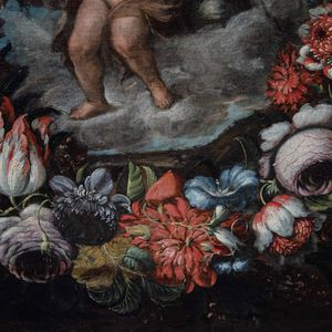 Scuola romana del XVII secolo Cristo fanciullo con globo entro ghirlanda di fiori  - Asta Old Masters - Associazione Nazionale - Case d'Asta italiane