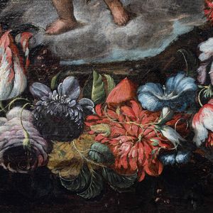 Scuola romana del XVII secolo Cristo fanciullo con globo entro ghirlanda di fiori  - Asta Old Masters - Associazione Nazionale - Case d'Asta italiane