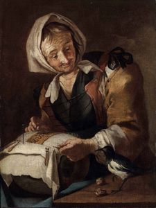 Giacomo Francesco Cipper detto il Todeschini - Donna al tombolo con gazza