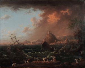 Francesco Fidanza - Veduta costiera con velieri in tempesta