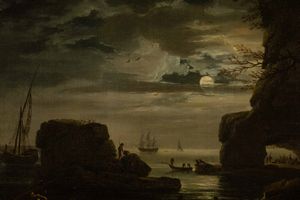 Francesco Fidanza, nei modi di : Notturno con veduta costiera  - Asta Old Masters - Associazione Nazionale - Case d'Asta italiane