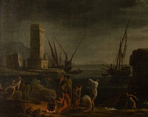 Francesco Fidanza, nei modi di : Notturno con veduta costiera  - Asta Old Masters - Associazione Nazionale - Case d'Asta italiane