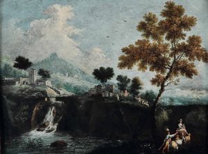 Giovan Battista Cimaroli : Paesaggio con figure e cascata  - Asta Old Masters - Associazione Nazionale - Case d'Asta italiane