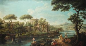 Andrea Locatelli - Paesaggi romani con figure in riva al fiume, il ponte Nomentano e rovine architettoniche