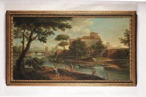 Andrea Locatelli : Paesaggi romani con figure in riva al fiume, il ponte Nomentano e rovine architettoniche  - Asta Old Masters - Associazione Nazionale - Case d'Asta italiane