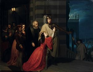 Scuola del XIX secolo Andrea Doria riceve la corona di Genova<BR>Partenza per la battaglia di un armigero  - Asta Old Masters - Associazione Nazionale - Case d'Asta italiane