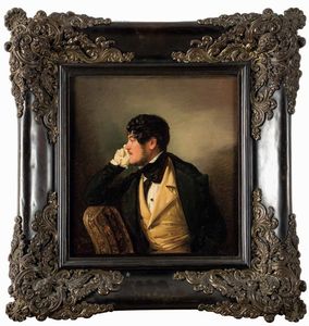 Giuseppe Molteni : Ritratto di gentiluomo in interno con monocolo  - Asta Old Masters - Associazione Nazionale - Case d'Asta italiane