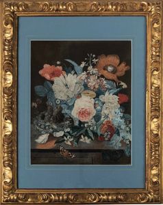 Scuola del XVIII secolo Nature morte con composizioni di fiori, frutti, uccellini e farfalle  - Asta Old Masters - Associazione Nazionale - Case d'Asta italiane